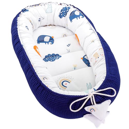 Babynest Neugeborene Nestchen Baby 90x50 cm - Kokon Handmade zweiseitig aus Baumwolle Waffel mit Babynestchen Regenbogen Marineblau von Totsy Baby