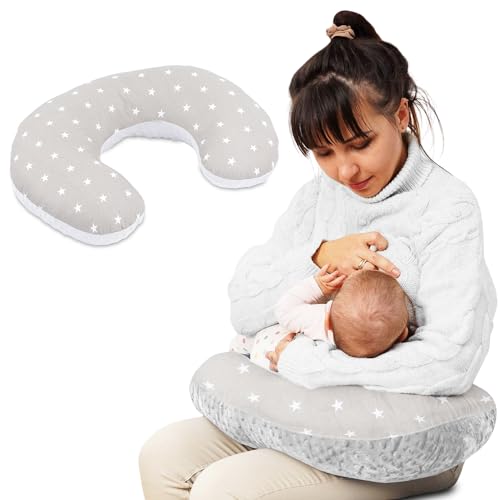 Totsy Baby Stillkissen klein Minky 130 x 45 cm - Stillhörnchen kleines Still Kissen Nursing Breastfeeding Pillow für unterwegs Sterne Grau von Totsy Baby