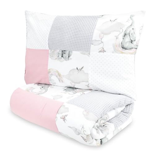 Totsy Baby Handmade Patchwork Kinderbettdecken 100 x 135 cm - Kinderbettdecke Set mit Kissen Kinderdecke mit Kopfkissen Kindergarten Bettdecke Baumwolle Elefant Rosa von Totsy Baby