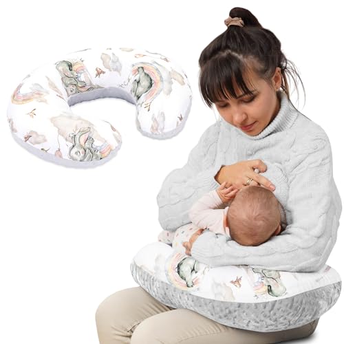 Totsy Baby Stillkissen klein Minky 130 x 45 cm - Stillhörnchen kleines Still Kissen Nursing Breastfeeding Pillow für unterwegs Elefant Hellgrau von Totsy Baby