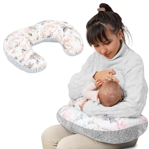 Totsy Baby Stillkissen klein Minky 130 x 45 cm - Stillhörnchen kleines Still Kissen Nursing Breastfeeding Pillow für unterwegs Wilde Rose Grau von Totsy Baby
