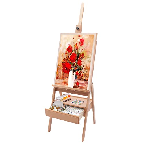 Bodenstaffelei H-Form Staffelei Koffer Holz Standstaffelei Verstellbar mit Schublade, Signature Box Buchenholz Atelierstaffelei 45 x 45 x 154-198 cm für Leinwände Max Höhe 90cm von TouTToNG