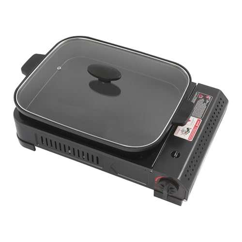 Campingkocher Gaskocher 1-flammig Gas Grillkocher mit Grillplatte, Deckel, Edelstahl Tragbarer 2.1KW Camping Gasherd für Outdoor Camping Hinterhof 45 * 30.5 * 8.5cm (Grillpfanne: 43 * 30 * 5cm) von TouTToNG