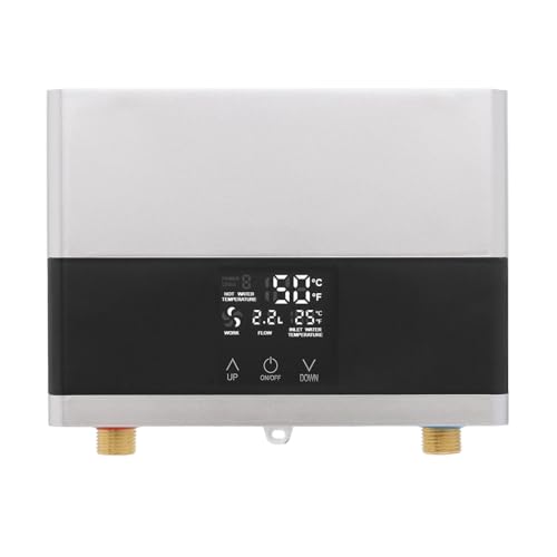 Elektronischer Durchlauferhitzer Mini Warmwasserbereiter 6000W 220V Instant tankloser Wassererhitzer mit 2m / 6.56ft Fernbedienung, 30-55 ° C LED Touchscreen, Küche Badezimmer Hotel (Silber) von TouTToNG