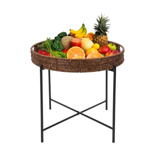 TouTToNG Beistelltisch Runder Geflochtener Couchtisch Rattanimitat Endtisch mit abnehmbarem Tablett mit Faltbarer Füßen, 48 x H42 cm für Wohnzimmer Sofa Schlafzimmer von TouTToNG