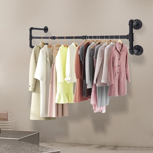 TouTToNG Industrial Kleiderstange Wand Hängestange für Wand Rustikale Kleideraufbewahrung, 117,8cm Länge Industrie Garderobenstange Rohr Garderobe Wandmontage von TouTToNG