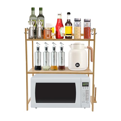 TouTToNG Mikrowellenständer Mikrowellen Regal 3-Stufiges Ofenständer Küchenregal Bambus mit 4 Haken, Küche Organizer Rack Gewürzregal bis 10-12.5kg/22-27.5 lbs, 55 * 35 * 67cm (Log Farbe) von TouTToNG