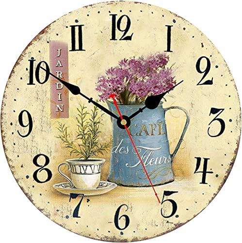 Toudorp 30cm Wanduhr Französisch Retro Blumen Muster Hölzerne Wanduhr Leise Nicht Ticken Batteriebetrieben Arabische Ziffern Dekorativ Wanduhr - Café und Blumen von Toudorp