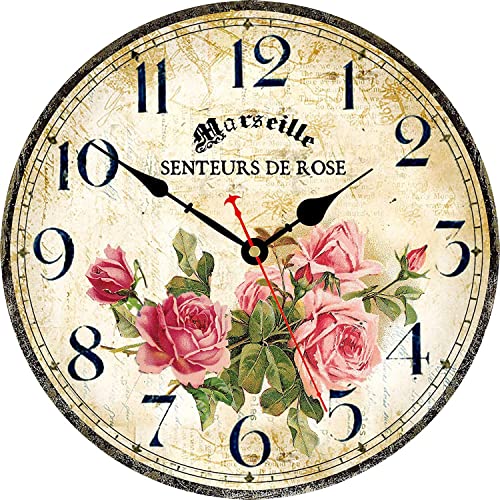 Toudorp Wohnkultur Wanduhr 30cm Leise Nicht Ticken Hölzerne Wanduhr Batteriebetrieben Retro Französisch Blumen Muster Wanduhr (Rosa Rosen) von Toudorp