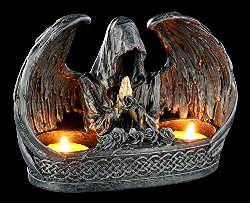 Figuren Shop GmbH Gothic Teelichthalter für 2 Teelichte- Grim Reaper | Gruseliger Kerzenhalter mit geflügeltem Sensenmann, Fantasy Dekoartikel, handbemalt von Toulifly