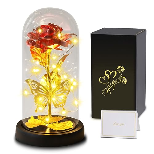 Geschenke für Frauen, Geschenk zum Muttertag, Die Schöne und das Biest Rose Sparkly Galaxy Rose mit 3D Schmetterling, Ewige Rose im Glas mit Licht, Einzigartiges Geschenk für Muttertag,Jahrestag von Touloube