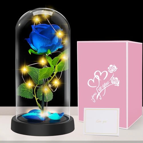 Geschenke für Frauen, Geschenk zum Muttertag - Premium Rose Blume Geschenk, Ewige Rose im Glas Mit LED-Lichter, 1 Blau Seide Rose in Glaskuppel, Muttertagsgeschenk für Mama Mutter Großmutter Oma von Touloube