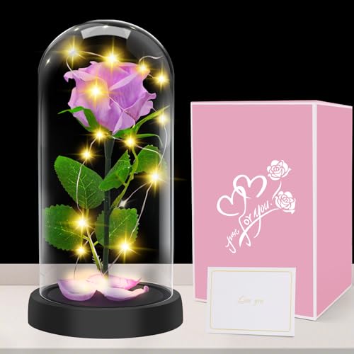 Geschenke für Frauen, Geschenk zum Muttertag - Premium Rose Blume Geschenk, Ewige Rose im Glas Mit LED-Lichter, 1 Lila Seide Rose in Glaskuppel, Muttertagsgeschenk für Mama Mutter Großmutter Oma… von Touloube