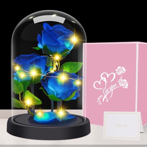 Geschenke für Frauen, Geschenk zum Muttertag - Premium Rose Blume Geschenk, Ewige Rose im Glas Mit LED-Lichter, 3 Blau Seide Rose in Glaskuppel, Muttertagsgeschenk für Mama Mutter Großmutter Oma von Touloube