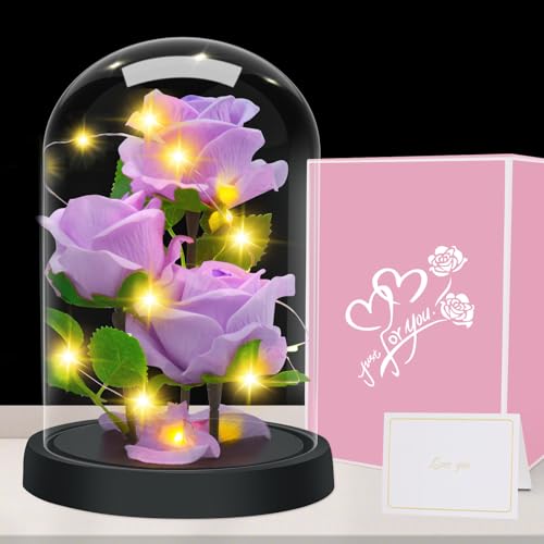 Geschenke für Frauen, Geschenk zum Muttertag - Premium Rose Blume Geschenk, Ewige Rose im Glas Mit LED-Lichter, 3 Lila Seide Rose in Glaskuppel, Muttertagsgeschenk für Mama Mutter Großmutter Oma von Touloube