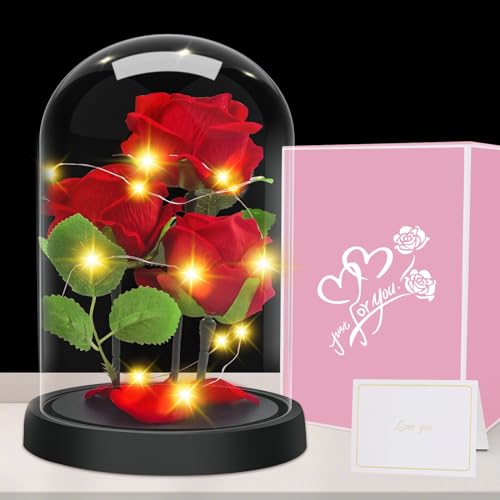 Geschenke für Frauen, Geschenk zum Muttertag - Premium Rose Blume Geschenk, Ewige Rose im Glas Mit LED-Lichter, 3 Rot Seide Rose in Glaskuppel, Muttertagsgeschenk für Mama Mutter Großmutter Oma von Touloube