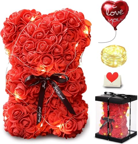 Rosenbär - Geschenke für Sie - Rosenblumenbär Rosen Teddybär mit Lichtern - Über 250 Blumen auf jedem Rosenbären - Geschenk für Muttertag, Valentinstag, Jubiläum mit Geschenkbox und Liebeskarte von Touloube