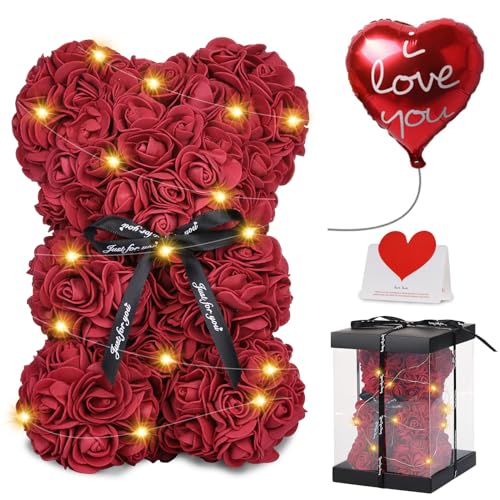 Rosenbär - Geschenke für Sie - Rosenblumenbär Rosen Teddybär mit Lichtern - Über 250 Blumen auf jedem Rosenbären - Geschenk für Muttertag, Valentinstag, Jubiläum mit Geschenkbox und Liebeskarte von Touloube