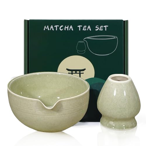 Matcha-Schüssel-Set, Matcha-Schneebesen-Halter, japanisches Teeset inklusive Matcha-Schüssel mit Ausgießer, Teegrün Glasur, Keramik, Matcha-Kit für Matcha-Liebhaber, 560 ml von TourKing