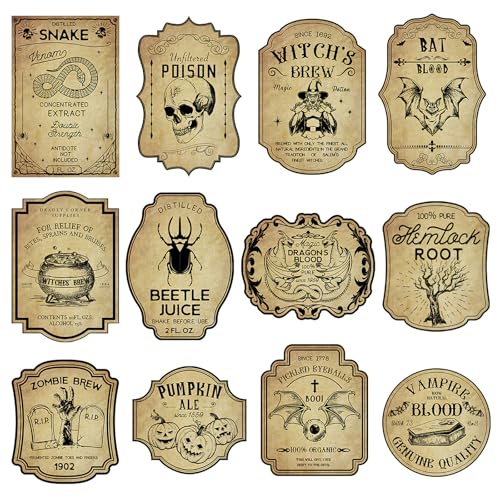 Halloween Flaschen-Etiketten, Vintage-Stil, Hexentrank und Zaubertrank Design, 12 Stück Set, Gruselige Partydekoration Halloween Flaschen-Etiketten, Vintage-Stil, Hexentrank und Zaubertrank Design, 12 Stück Set, Gruselige Partydekoration von Tourima