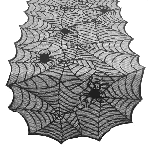 Halloween Spinnennetz Tischläufer, 183 cm x 45 cm, Gruselige Tischdekoration, Schwarze Tischläufer mit Spinnennetz-Spitze für Halloween Dekoration/Party Tischdekoration Halloween Spinnennetz Tischläufer, 183 cm x 45 cm, Gruselige Tischdekoration, Schwarze Tischläufer mit Spinnennetz-Spitze für Halloween Dekoration/Party Tischdekoration von Tourima