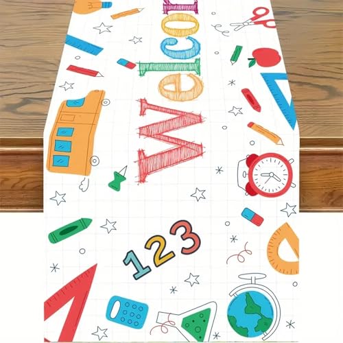 Tourima Deko Einschulung, Weiß Schulanfang Deko, Tischläufer (183 x 33cm) für Schulkind Schulanfang Schuleinführung Schulstart Party Dekoration von Tourima