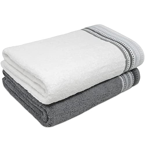 Towelogy® Luxuriöse Badetücher, 100 % ringgesponnene ägyptische Baumwolle, ultraweich und saugfähig, große Handtücher für Badezimmer, umweltfreundlich, 90 x 140 cm (Grau und Weiß, 2) von Towelogy