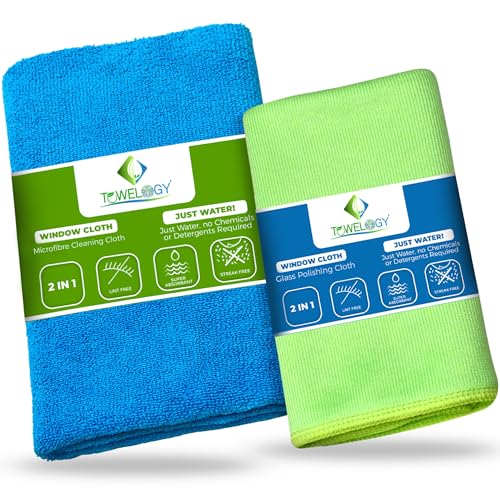 Towelogy® Premium Fensterreinigungstücher – 2er-Set | streifen- und schmierfreie Fenster, nur mit Wasser | Mikrofaser-Fensterreinigertuch | fusselfreie Glastücher für Fenster | effektiv von Towelogy