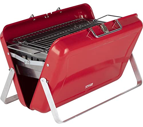 Tower Stealth T978516RED Tragbare Holzkohle-Aktentasche, BBQ mit Tragegriff, Rot von Tower