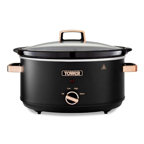 Tower T16043BLK Cavaletto 6,5 Liter Slow Cooker mit 3 Heizstufen, Cool-Touch-Griffen, Schwarz und Roségold von Tower