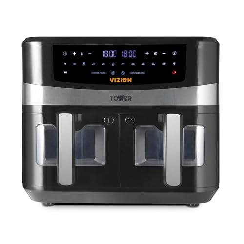 Tower T17100 Vortx Vizion 9 L Heißluftfritteuse mit Zwei Körben, Digitalem Bedienfeld & 10 One-Touch-Voreinstellungen, Schwarz von TOWER