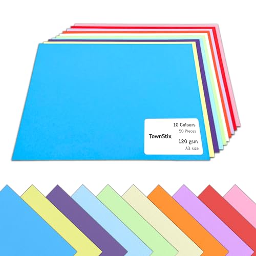 50 Blatt, 120g - Tonpapier A3 Bunt, Bastelpapier Buntes Papier zum Basteln Farbiges Druckerpapier - 10 Farben von TownStix