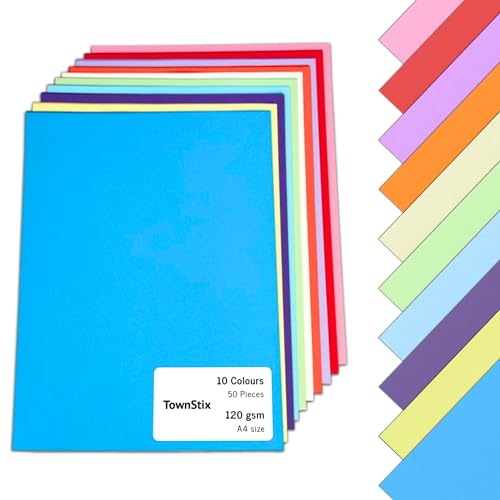 50 Blatt, 120g - Tonpapier A4 Bunt, Bastelpapier Buntes Papier zum Basteln Farbiges Druckerpapier - 10 Farben von TownStix