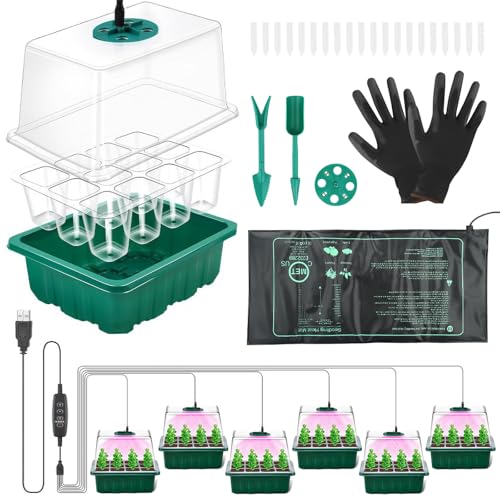 Towwoo Zimmergewächshaus Anzuchtkasten, 6 Stück 72 Zellen Mini Gewächshaus Anzucht Set mit 8LED Pflanzenlampe und Sämling Wärmematte und Handschuhe, Tabletts Treibhaus Anzuchtschale für Pflanze von Towwoo