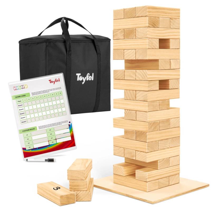 Toyfel Riski Wackelturm Kiefernholz 54 Blöcke mit Holzplatte von Toyfel