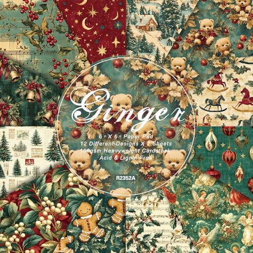 24 Blatt Weihnachtsmusterpapier, 15,2 x 15,2 cm Weihnachts Dekorpapier Lebkuchenmännchen Weihnachtsbaum Glockenmuster Papier für Kartenbasteln, Scrapbook-Dekoration, 12 Designs (Style-A, 6x6 Inch) von Toyhood