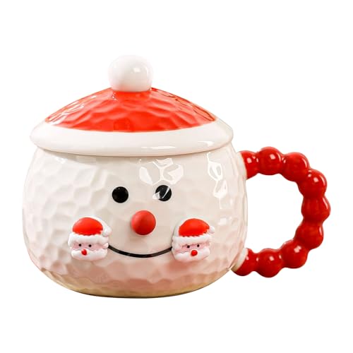 Schneemann Weihnachtstasse, 400ml Keramik Tassen Weihnachten mit Deckel, Süße Keramiktassen, Weiß Weihnachts Tasse Trinkbecher, Neuheit Becher Geschenk für Thanksgiving Day Weihnachten (Rot) von Toyhood