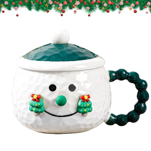 Toyhood Schneemann Weihnachtstasse, 400ml Keramik Tasse mit Deckel, Süße Keramiktassen, Weiß Weihnachts Tasse Trinkbecher, Neuheit Becher Geschenk für Thanksgiving Day Weihnachten (Grün) von Toyhood