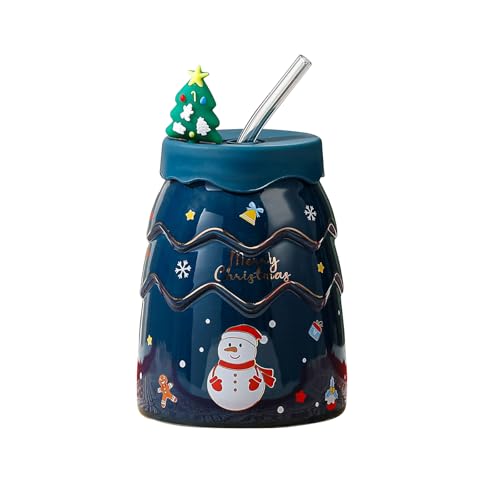 Weihnachtsbaum Kaffeetasse mit Gläsern Strohhalm und 3D Deckel, Keramische Weihnachten Tassen, Trinken Winter Kaffee Hot Coco Becher, Neuheit Becher Geschenk für Thanksgiving Day Weihnachten (Blau) von Toyhood