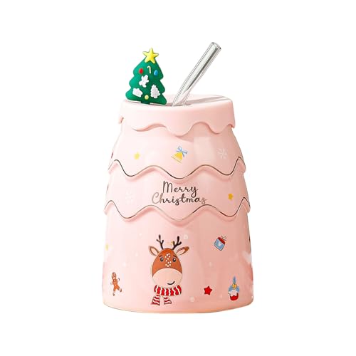 Weihnachtsbaum Kaffeetasse mit Gläsern Strohhalm und 3D Deckel, Keramische Weihnachten Tassen, Trinken Winter Kaffee Hot Coco Becher, Neuheit Becher Geschenk für Thanksgiving Day Weihnachten (Rosa) von Toyhood