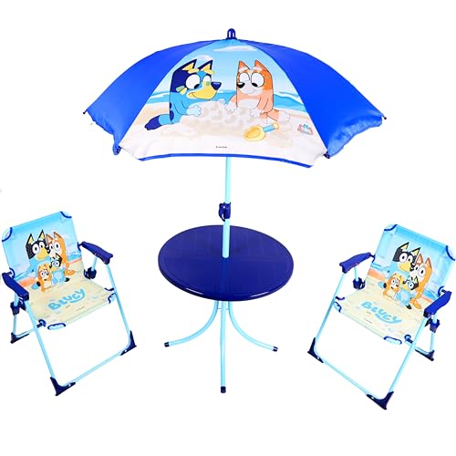 Toyland® Bluey & Bingo Terrassenset mit Tisch und Stühlen – 1 Tisch, 2 Stühle und 1 Sonnenschirm – Kindermöbel für drinnen und draußen – perfekt für Strand und Garten von Toyland
