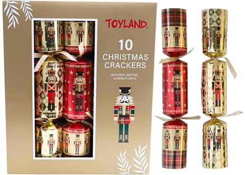 Toyland® Set mit 10 großen Luxus-Knallbonbons ohne Druckknopf – Geschenke für Dinnerpartys – Nussknacker und Tartan – Weihnachtstischdekoration von Toyland