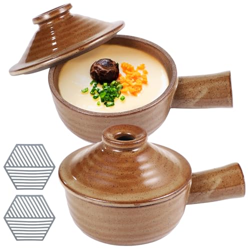 2 Sets Eierkocher, Keramik-Mikrowellen-Herde mit hitzebeständigen Silikon-Pads, Eierpochierer mit Kuppeldeckeln und hohlen Griffen, 340 ml Tonschalen für Eier, Suppe, Ofen und Spülmaschine von Toyosport