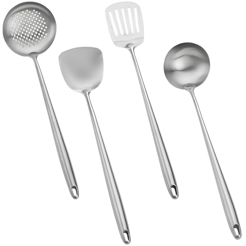 4-teiliges Wok-Spatel-Set aus 304 Edelstahl, 43 cm, Küchenhelfer-Set, ergonomischer langer Griff, inklusive Wokspatel, Schöpflöffel, Schaumlöffel und geschlitztem Wok-Löffel von Toyosport