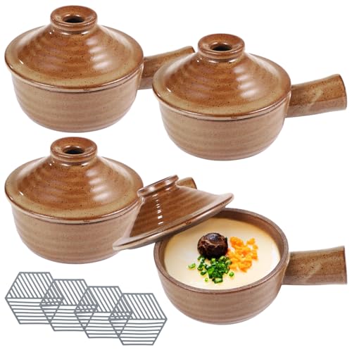 Toyosport 4 Sets Eierkocher, Keramik-Mikrowellen-Herde mit hitzebeständigen Silikon-Pads, Eierpochierer mit Kuppeldeckeln und hohlen Griffen, 340 ml Tonschalen für Eier, Suppe, Ofen und Spülmaschine von Toyosport