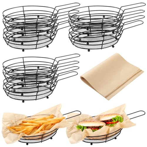 Toyosport Pommes Frites-Körbe, schwarzes Eisen, Servierkörbe mit Griffen, ovale Netz-Präsentationstabletts mit 50 Deli-Papieren, Frittierschalen, kleine Fritteusenhalter für Partys, Grillen, Küche, 12 von Toyosport
