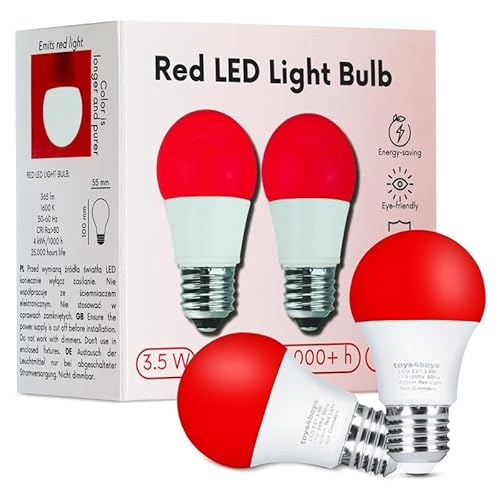 Toys4Boys 2er-Set Rote LED-Glühbirnen E27 3,5W - Rote Glühlampe - Fördert Gesunden Schlaf, Reduziert Blaulicht-Belastung, Ideale Beleuchtung für Schlafzimmer und Entspannungsräume-Dekoratives LED Lamp Toys4Boys 2er-Set Rote LED-Glühbirnen E27 3,5W - Rote Glühlampe - Fördert Gesunden Schlaf, Reduziert Blaulicht-Belastung, Ideale Beleuchtung für Schlafzimmer und Entspannungsräume-Dekoratives LED Lamp von Toys4Boys