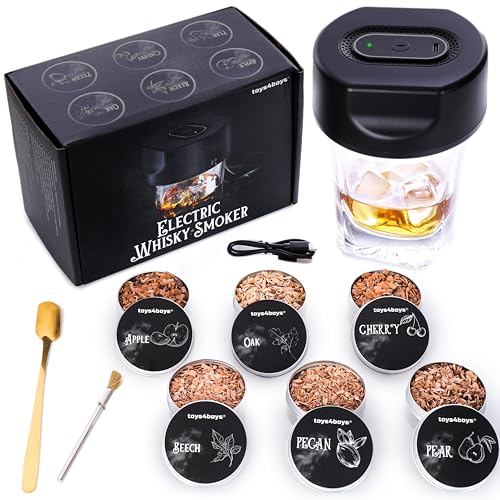 Toys4Boys Elektrischer Whisky Smoker Set - Whiskey Smoker Kit mit 6 Holzsorten - USB Räuchergerät für Glas - Aroma & Whisky Zubehör Geschenk für Männer - Rauchgenerator ohne Butan von Toys4Boys