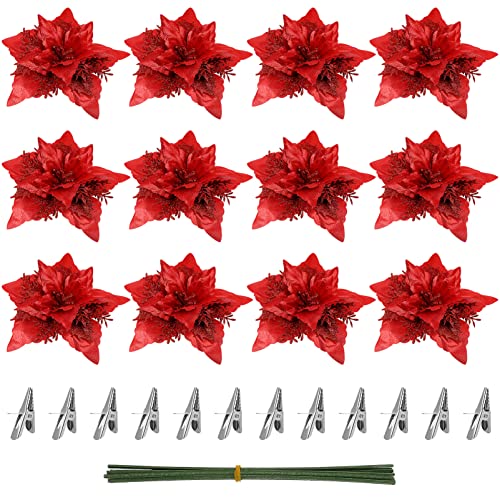 Toyvian 12St Weihnachtsstern Blumen, 7- Zoll- künstliche Weihnachtsstern- Blumen glitzernder roter Christbaumschmuck mit Clips und Stielen für Weihnachtskranz- Party- Dekorationen von Toyvian