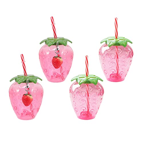 Toyvian 4 Sätze Kunststoff Trinkbecher mit Strohhalm Deckel Erdbeere Stroh Glasbecher Milchbecher Wasserbecher Kaffeebecher für Tee Saft Kaffee Tasse Smoothie Becher Bubble Tea Cup von Toyvian